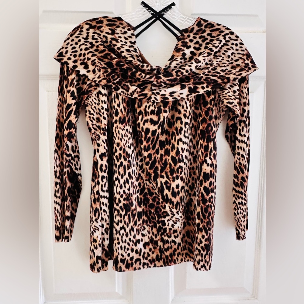 Chico's Off the Shoulder Black, brown and Tan Animal Print Blouse
